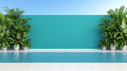 Modern Poolside Design Featuring Lush Greenery And Teal Walls