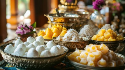 A traditional Thai dessert table featuring coconut puddings, sticky rice treats, and tropical fruit jellies.