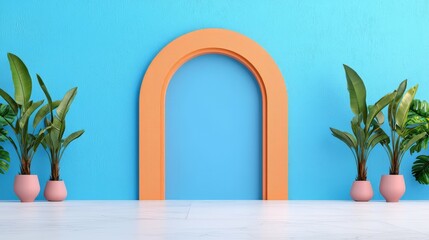 Pastel Coral Archway With Tropical Plants Against A Blue Wall
