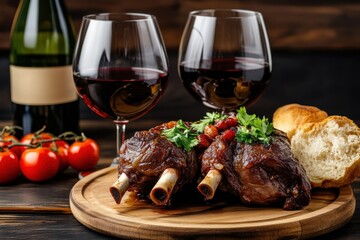 Delicious roasted lamb shanks with wine, fresh tomatoes, and soft bread on a rustic table