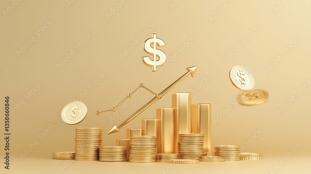 Poster visualizing financial growth and prosperity through stacked coins and upward arrow symbolizing incre