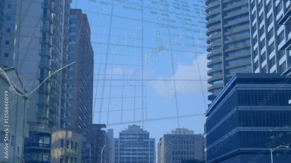 Poster financial graph and data processing animation overlay on skyscrapers in city