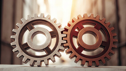 A symbolic image of two companies merging into one, represented by intertwined gears symbolizing unity and efficiency. Set against a clean white background, the image emphasizes the merging of strengt