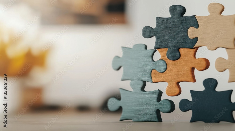 Poster colorful puzzle pieces arranged in a group symbolizing the concept of problem solving to achieve suc