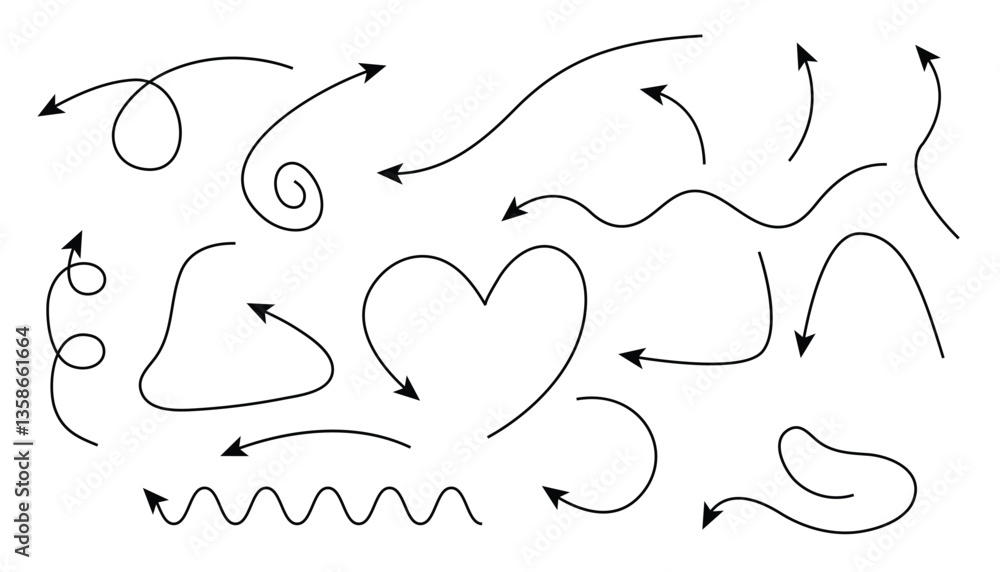 Leinwandbilder hand drawn arrows set. doodle arrows of varios shapes and directions. hand drawn thin line arrows. c