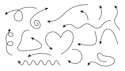 Hand drawn arrows set. doodle arrows of varios shapes and directions. hand drawn thin line arrows. curve wave line with arrows