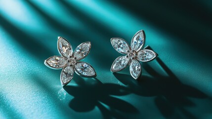 Exquisite white gold diamond earrings reflecting light on a shimmering teal background.