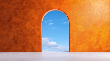 Rustic Orange Wall Archway With Bright Blue Sky View