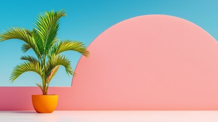 Vibrant Pink and Orange Minimalist Scene with Palm Tree