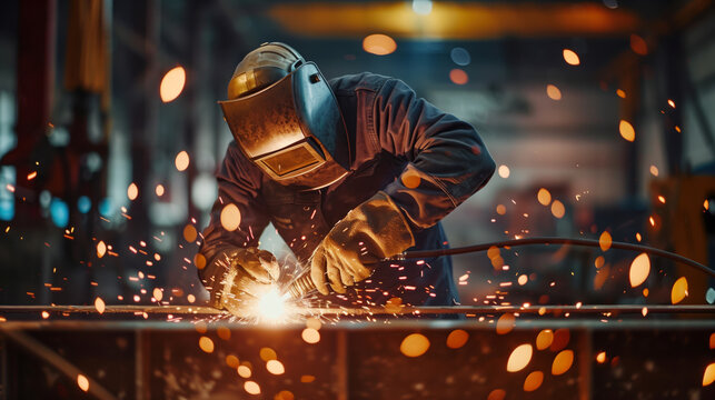 A Welder at Work, A welder in protective gear, creating bright sparks as they work on metal structures in a workshop or construction site.