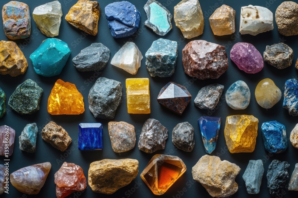 Poster various colorful rough gems are neatly arranged on dark surface. this image is ideal for geology, sc