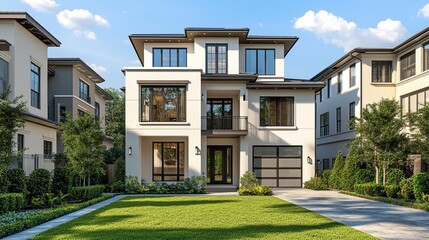 Fototapeta premium An elegant three-story Dallas home with expansive windows, a lush front yard with well-kept grass, and mature trees, surrounded by other luxury homes. 