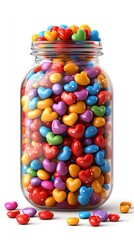 Colorful heart candies overflowing glass jar, white background