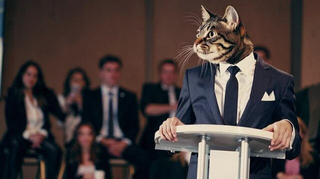 A Humorous Scene Featuring a Tabby Cat Wearing a Business Suit and Tie as a Speaker at a Corporate Event Addressing a Captivated Audience
