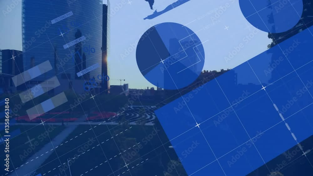 Poster blueprint-style animation over cityscape with world map and architectural diagrams