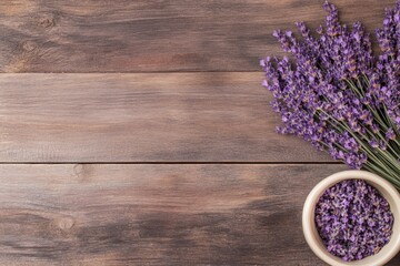 Fototapeta premium Dried lavender flowers rest in a ceramic mortar on a rustic wooden table, with soft natural light enhancing the rich purple tones and inviting atmosphere of the setting