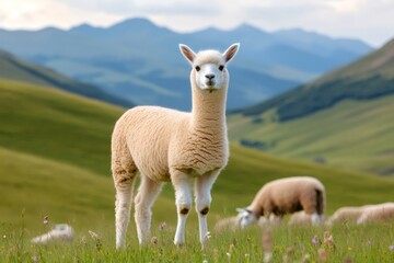 Fototapeta premium Alpaca standing in a green field with sheep grazing in the background