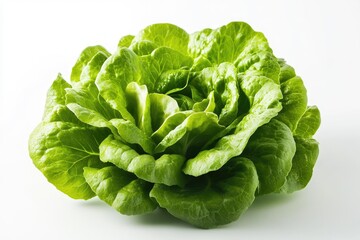 Fresh, vibrant green leafy head of lettuce.  Close-up view of a whole head of crisp, fresh lettuce against a plain white background.  Its deep green color suggests freshness and health