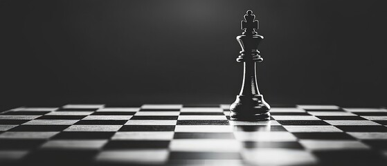 Black and white image of a chessboard with a king piece standing tall, leadership and strategy concept, deep shadows, cinematic lighting, isolated black background