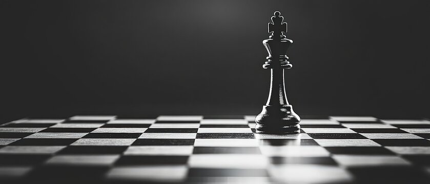 Black and white image of a chessboard with a king piece standing tall, leadership and strategy concept, deep shadows, cinematic lighting, isolated black background