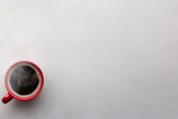 A vibrant red coffee cup sits on a soft-colored surface, steam rising from the coffee inside, with plenty of empty space to enhance any design
