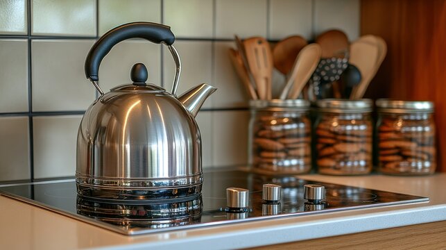 Modern kitchen countertop with electric kettle and utensil jars
