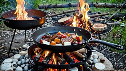 Outdoor Campfire Cooking with Grilled Vegetables and Meats