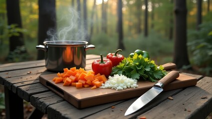 Rustic Chopping Board with Vegetables and Steaming Pot Forest