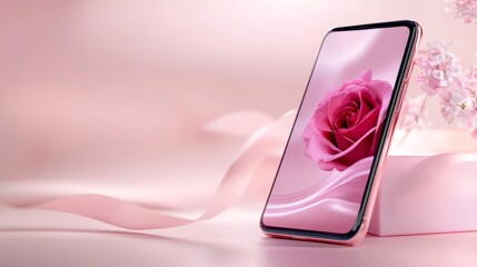 Pink smartphone displaying a rose with pink ribbons and flowers