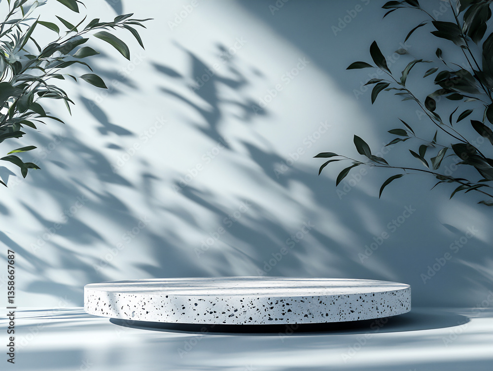 Poster 3d rendering of a podium for product presentation with a terrazzo surface in a pastel-colored backgr