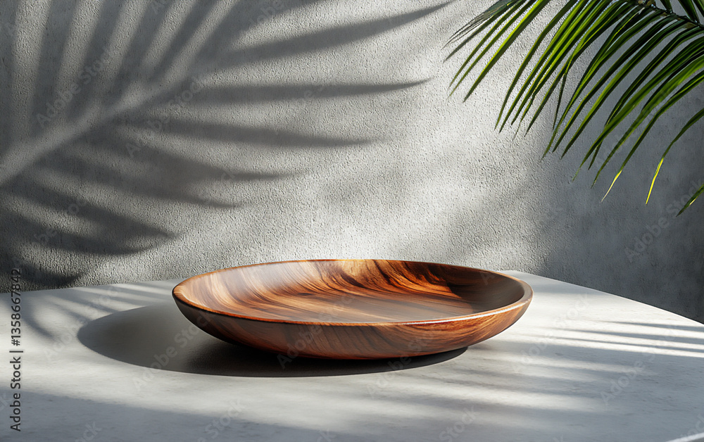 Aufkleber 3d rendering of a simple wooden plate on a table with a light concrete background and a palm leaf sh