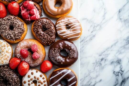 A variety of beautifully decorated glazed cronuts are neatly arranged on a marble countertop, showcasing their artistic styles and vibrant colors