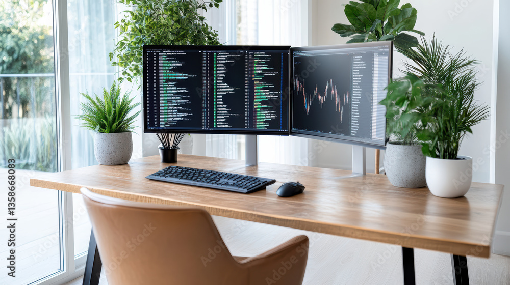 Poster modern workspace featuring three ultra wide monitors displaying data, surrounded by greenery