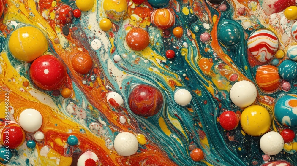 Poster colorful abstract background with paint swirls and spheres of different sizes. use it as vibrant bac