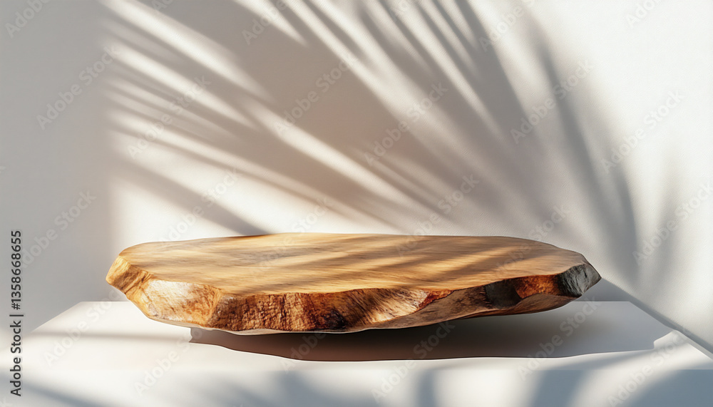 Poster 3d rendering of a wooden podium on a white background with a shadow from a palm leaf for a product p