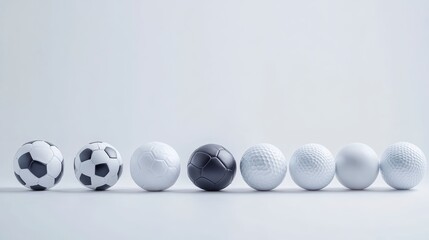 collage of Balls, soccer, football, baseball, basketball, rugby, tennis, golf . Over white Studio Background. full depth of field.
