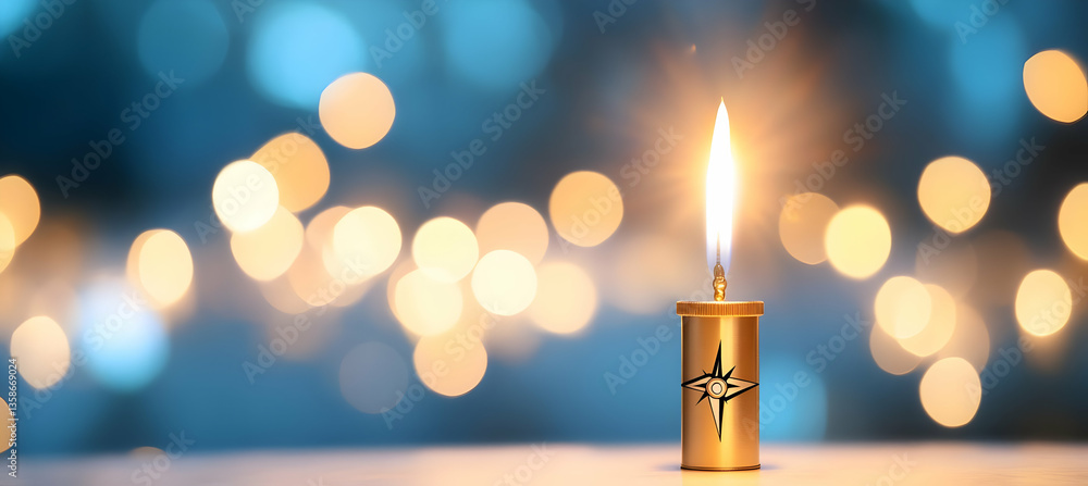 Poster a single, lit candle with a star design sits on a surface, softly illuminated by a bokeh background 