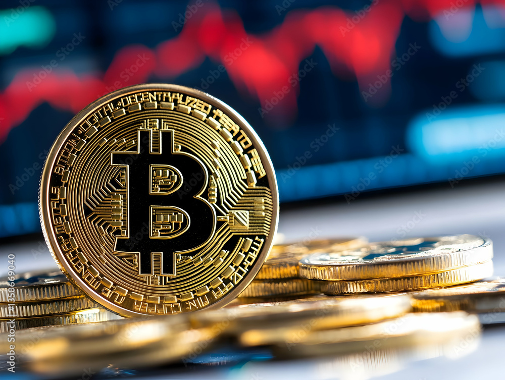 Poster a single gold-colored cryptocurrency rests atop a stack of similar coins, set against a blurred back