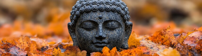 Fototapeta premium A serene stone statue of a Buddha amidst fallen autumn leaves