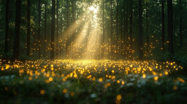 Beautiful rays of light shine through a magical forest landscape