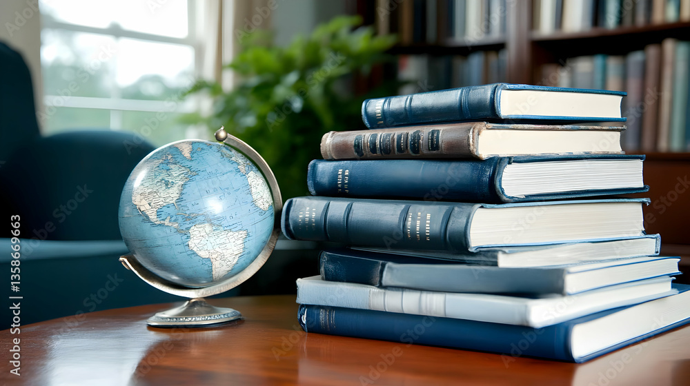 Poster a stack of books rests on a wooden table next to a small globe, suggesting a study or library settin