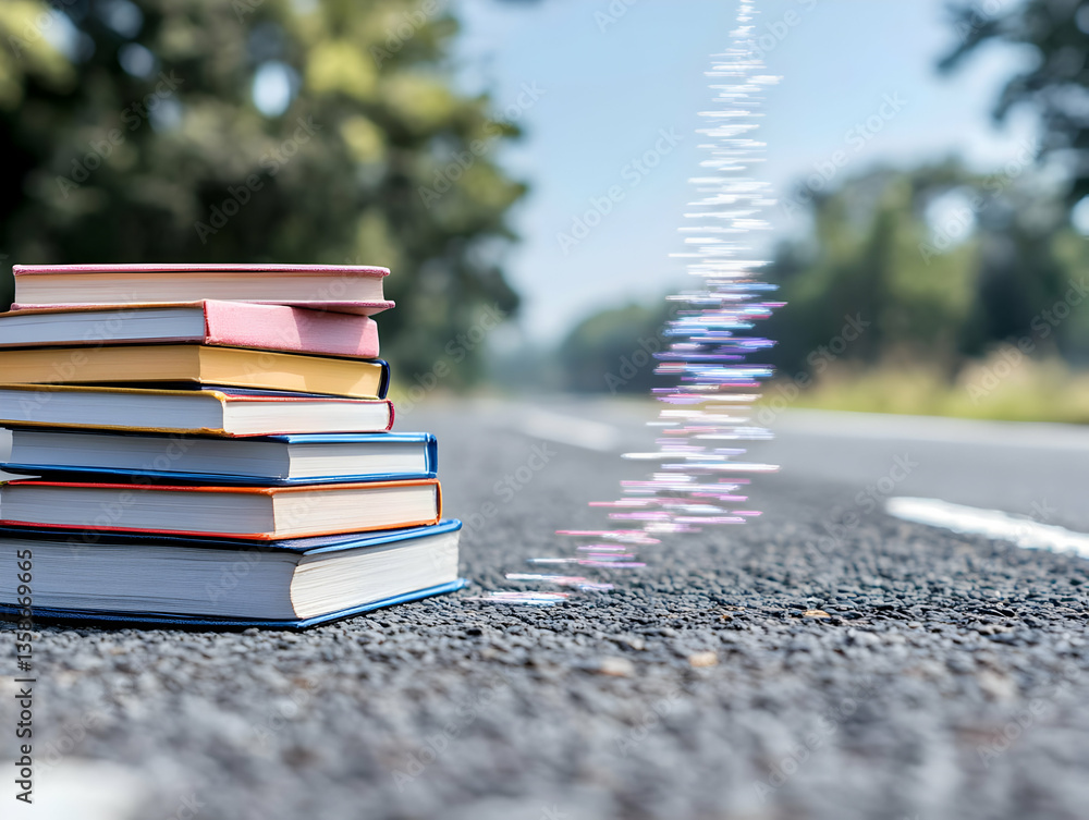 Aufkleber a stack of books sits on a roadside, with a digital stream emanating from it, suggesting the flow of
