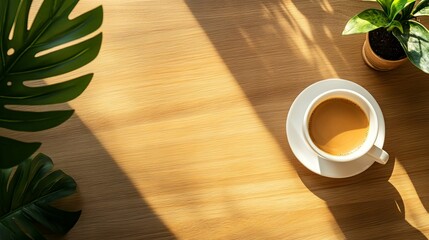 Morning Coffee Break: Sunlight on Wooden Table with Coffee and Plants