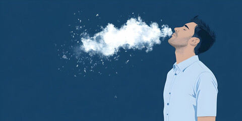 A stylized illustration of a man exhaling a large plume of vapor or smoke against a dark blue backdrop. The image's simplicity and clean lines create a striking visual