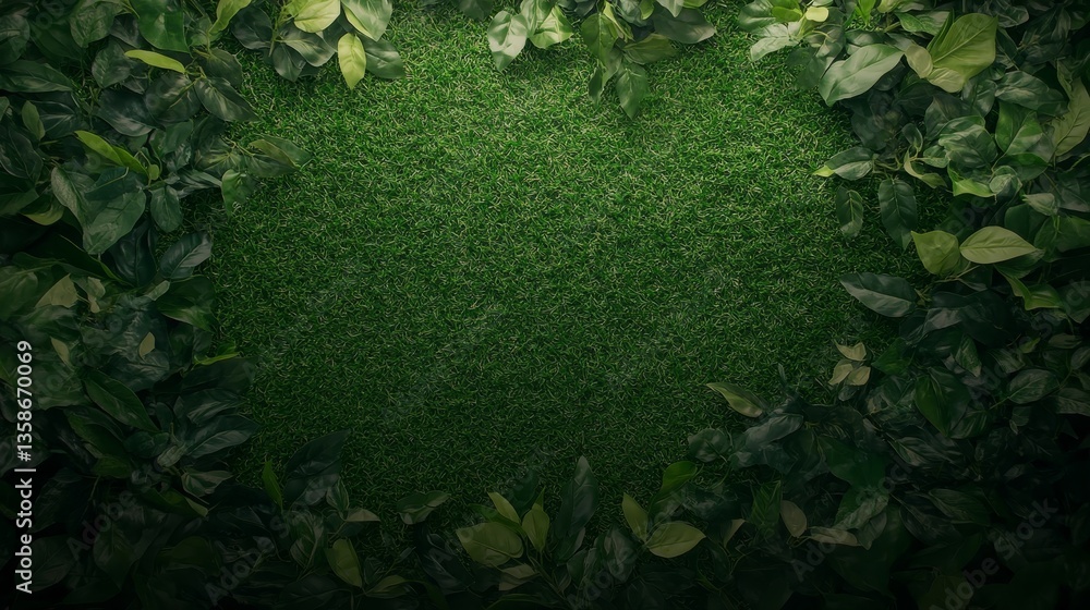 Poster A vibrant patch of artificial green grass surrounded by leafy foliage offers ample space for text or graphics, illuminated by soft diffused sunlight
