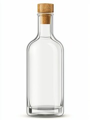 Transparent glass bottle with cork stopper on white background for mockup or product showcase in minimalistic style