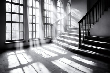 Sunbeams illuminating staircase in elegant mansion
