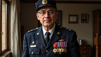 Uniformed officer posing proudly in office setting