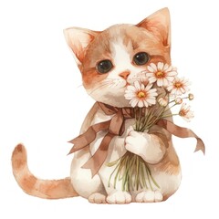 Cute kitten holding flowers