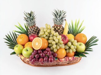 Colorful fruit basket overflowing with a variety of fresh produce.  A mix of tropical and common fruits are arranged in an oval woven basket with decorative leaves